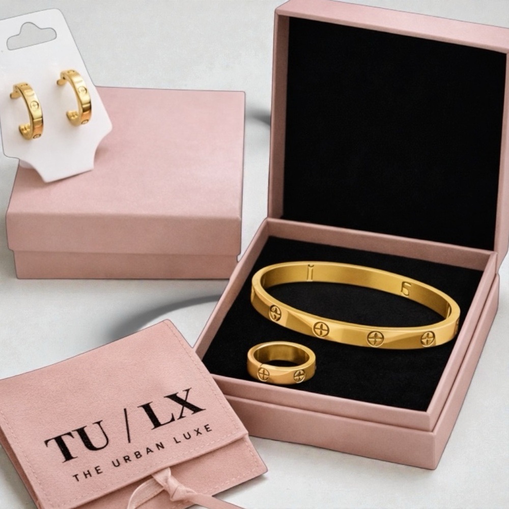 Set of 3 Luxe Love-Style Jewelry Set/ Gold Bracelet Earrings and Ring with box